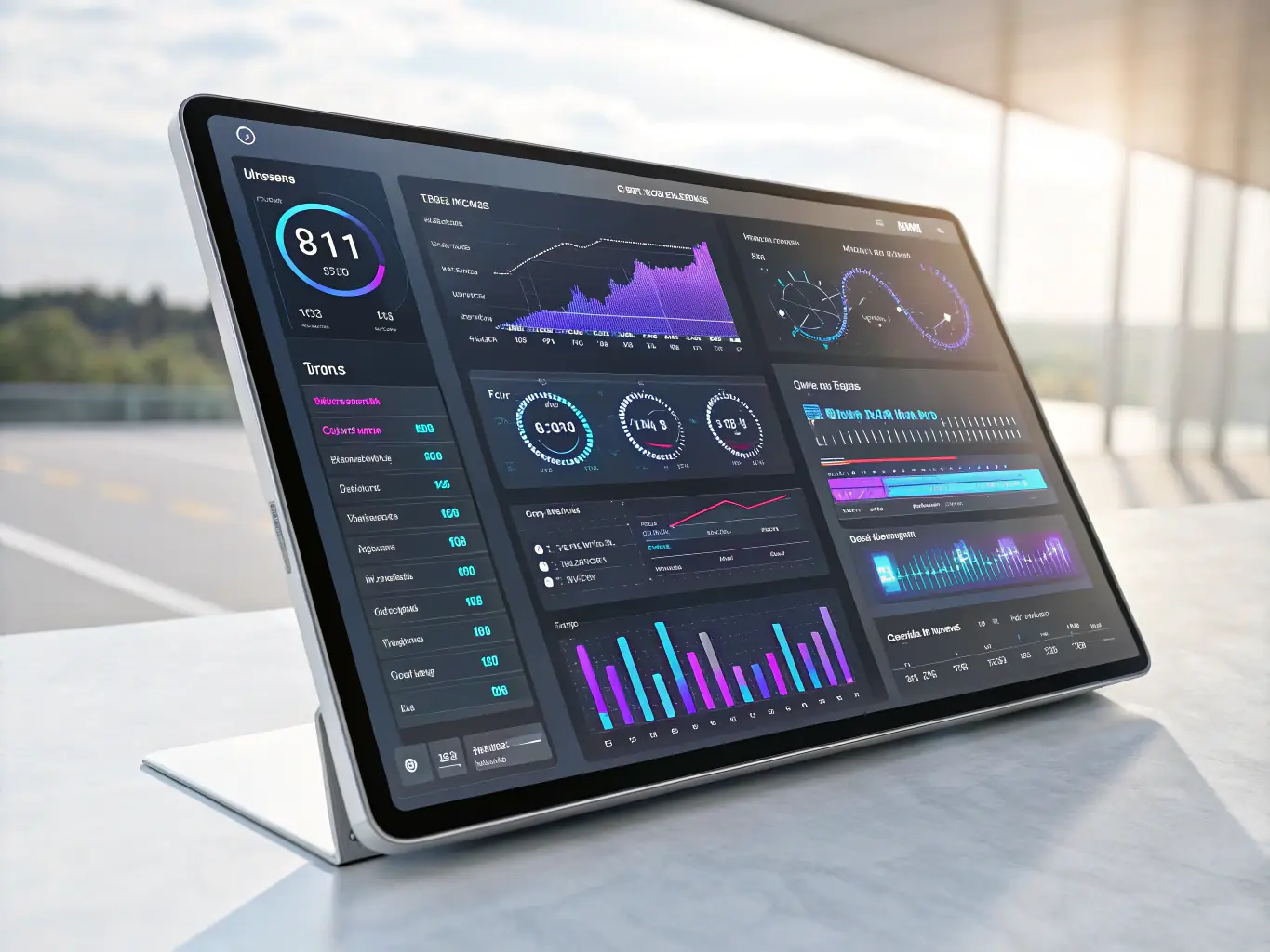 A futuristic image of data analytics dashboards displaying real-time insights and key performance indicators, emphasizing data-driven decision-making.