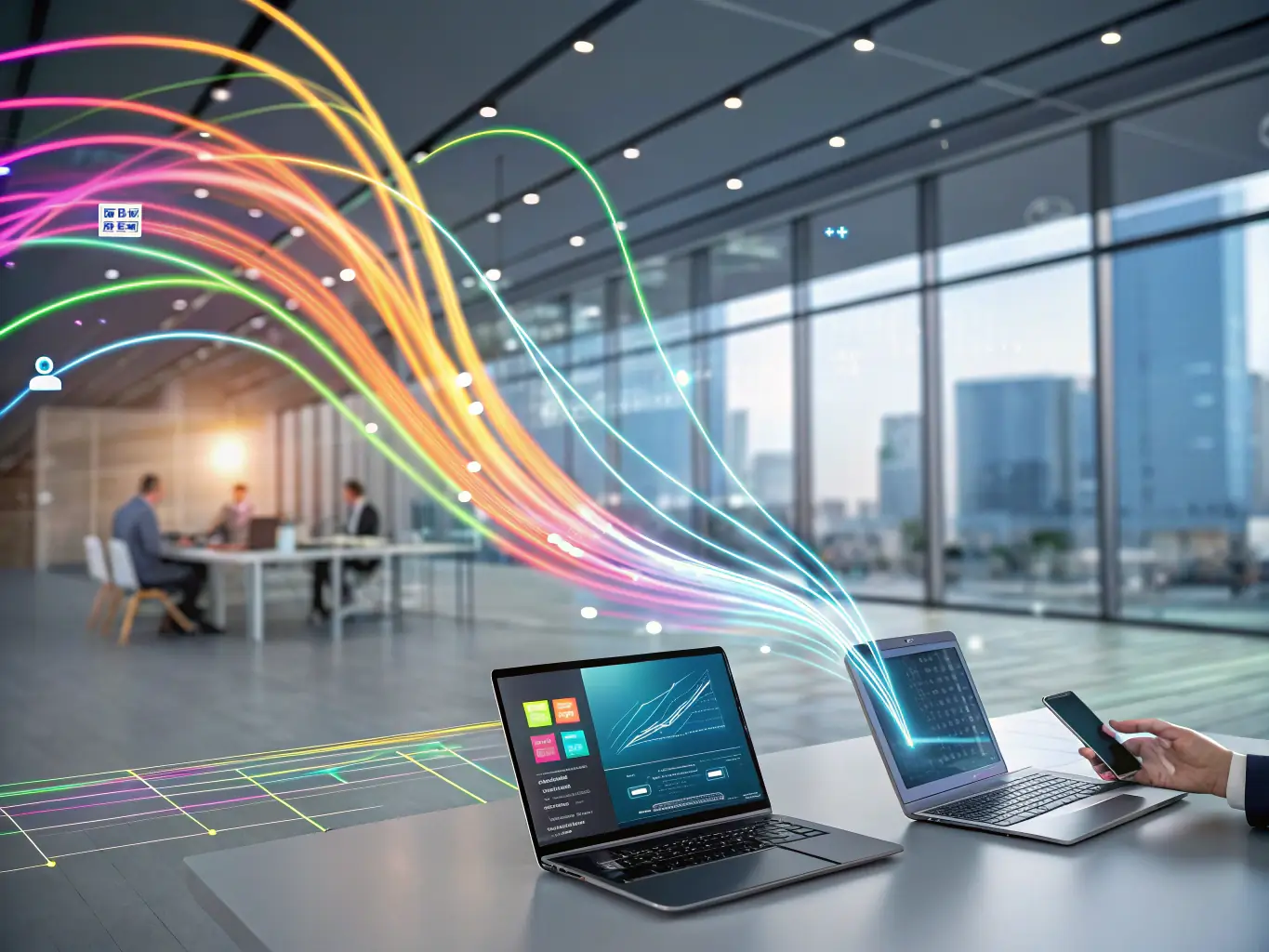 A dynamic graphic illustrating automated workflows with data flowing seamlessly between different business systems, emphasizing efficiency and integration.