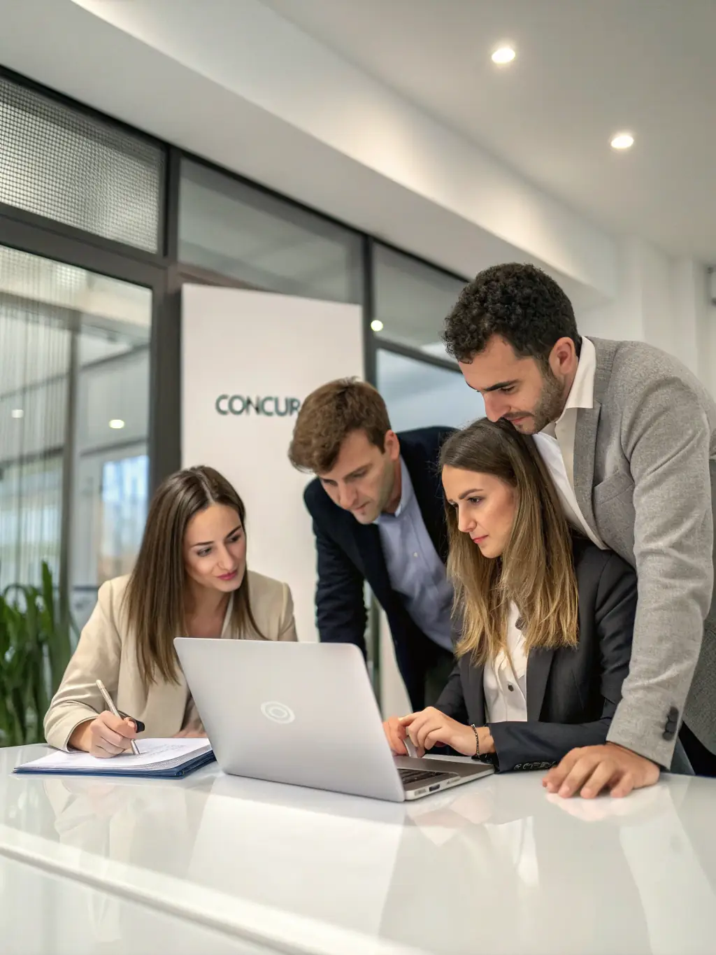 A professional office setting with employees collaborating on a digital workflow automation project, showcasing the efficiency and teamwork facilitated by Meraki Digital's solutions.