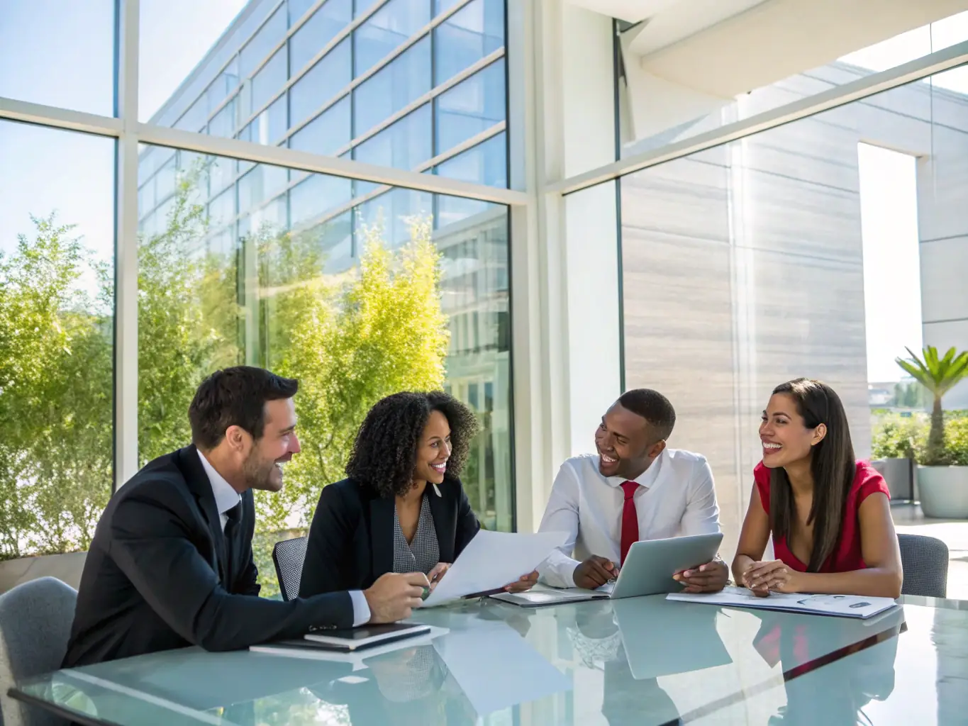 An image of a diverse team collaborating in a modern office environment, symbolizing talent management and development.