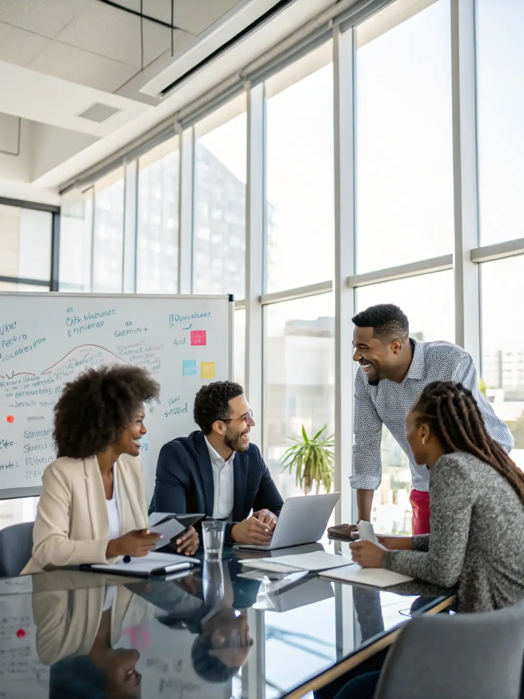 A group of executives engaged in a board meeting, discussing talent-related strategies, highlighting Meraki Digital's strategic advisory services.