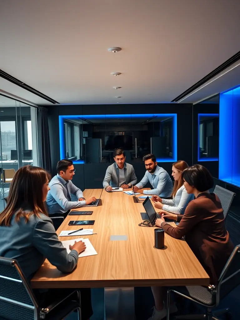 A diverse team of professionals collaborating in a modern office, brainstorming talent acquisition strategies for a client, reflecting Meraki Digital's collaborative approach.